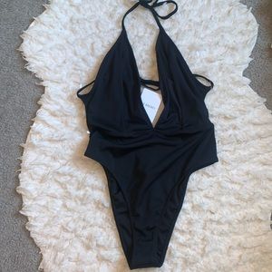 NWT Forever 21 Black Ribbed One Piece Triangle Bikini Tie Back Open Back Womens